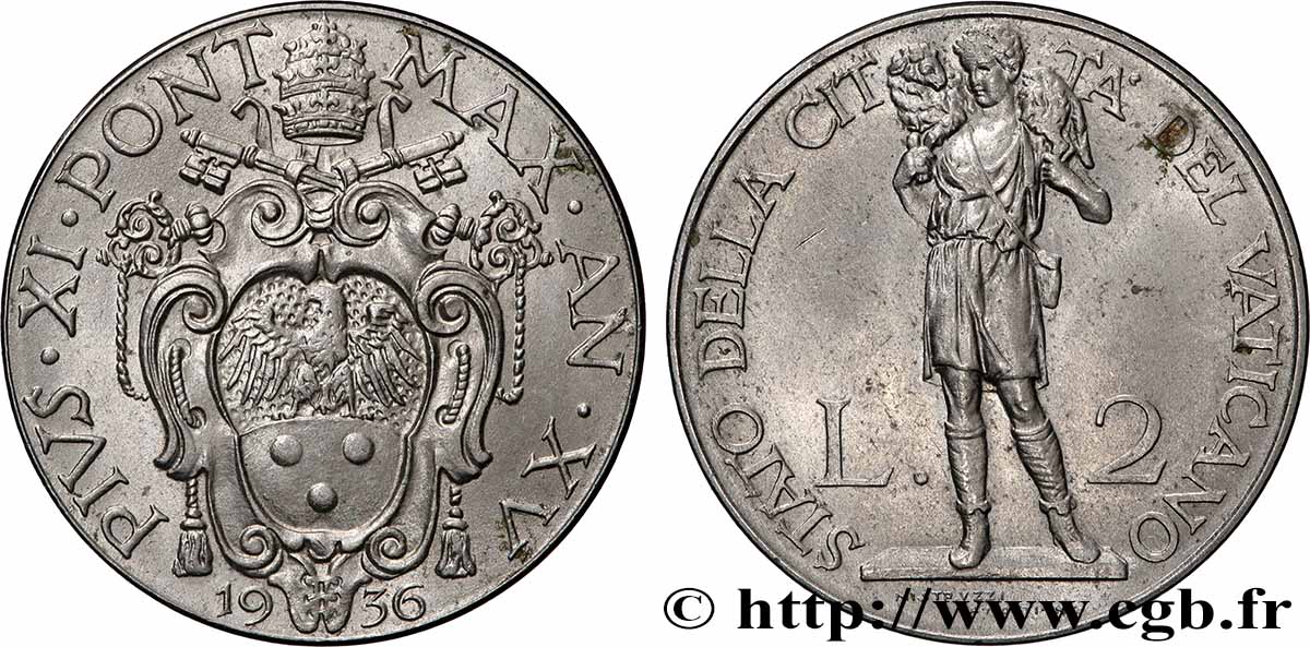 VATICANO Y ESTADOS PONTIFICIOS 2 Lire Pie XI an XIII 1936 Rome EBC 