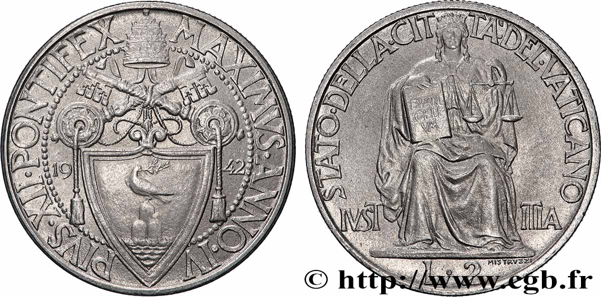 VATICAN ET ÉTATS PONTIFICAUX 2 Lire Pie XII an IV 1942  SUP 