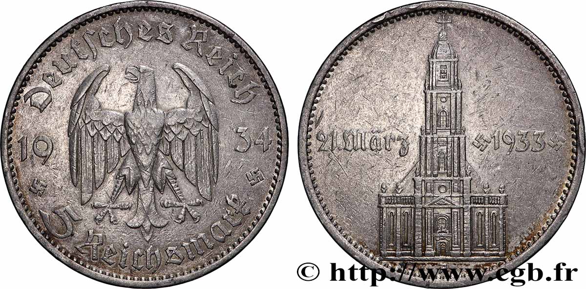 DEUTSCHLAND 5 Reichsmark 5 Reichsmark Commémoration du serment du 21 mars 1933 en l’église de la garnison de Potsdam 1934 Berlin SS 