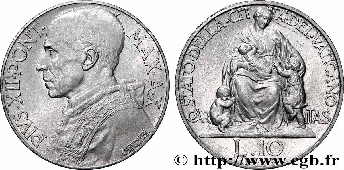 VATICAN ET ÉTATS PONTIFICAUX 10 Lire Pie XII an X / Caritas 1948 Rome SUP 