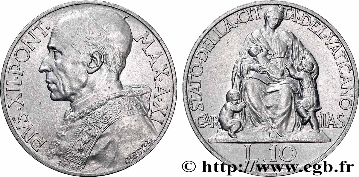 VATICAN ET ÉTATS PONTIFICAUX 10 Lire Pie XII an XI / Caritas 1949  SUP 