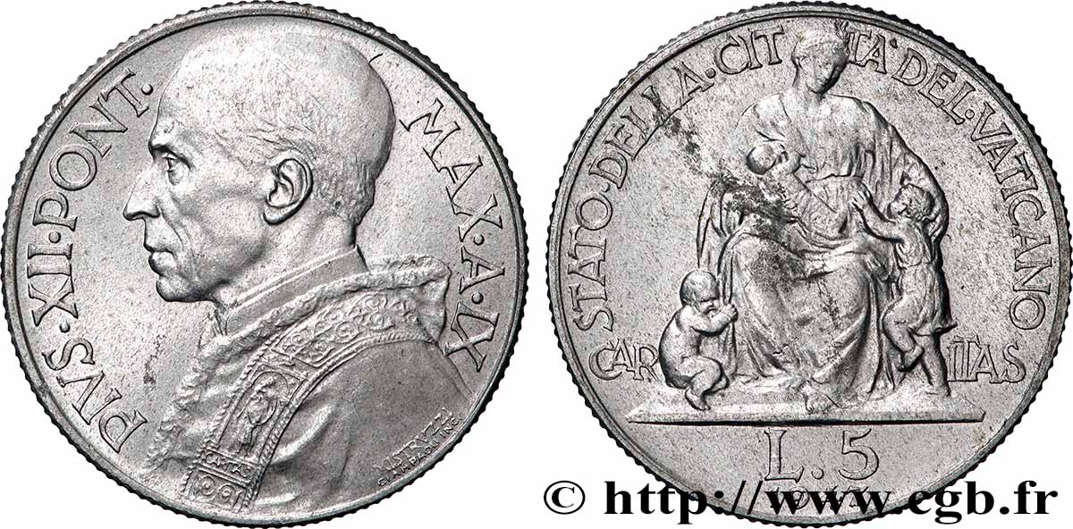 VATICANO Y ESTADOS PONTIFICIOS 5 Lire Pie XII an XI / Caritas 1947  EBC 