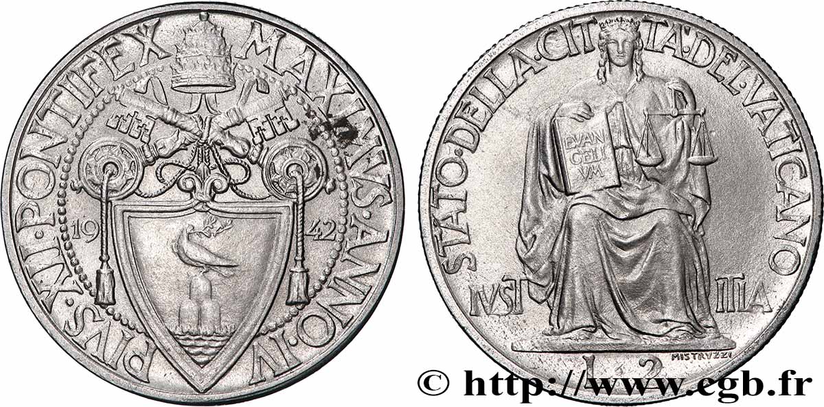 VATICAN AND PAPAL STATES 2 Lire Pie XII an IV 1942  AU 