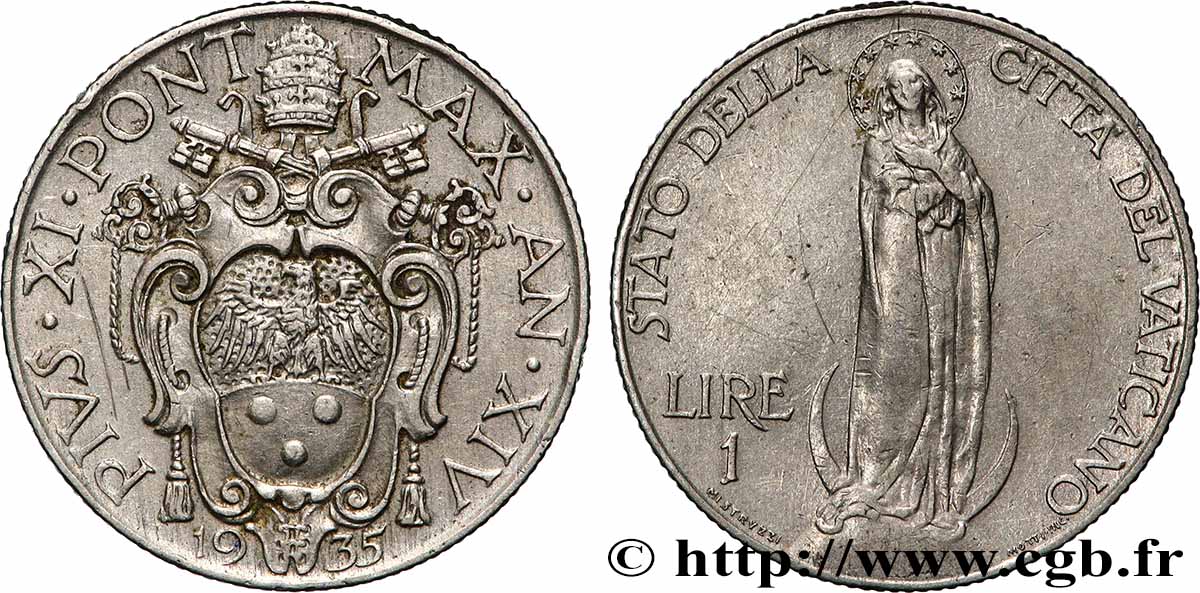VATICAN ET ÉTATS PONTIFICAUX 1 Lire frappe au nom de Pie XI an XV / Vierge sur un globe 1935 Rome TTB 