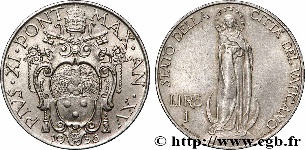 VATICAN ET ÉTATS PONTIFICAUX 1 Lire Pie XI an XV 1936 Rome TTB+ 