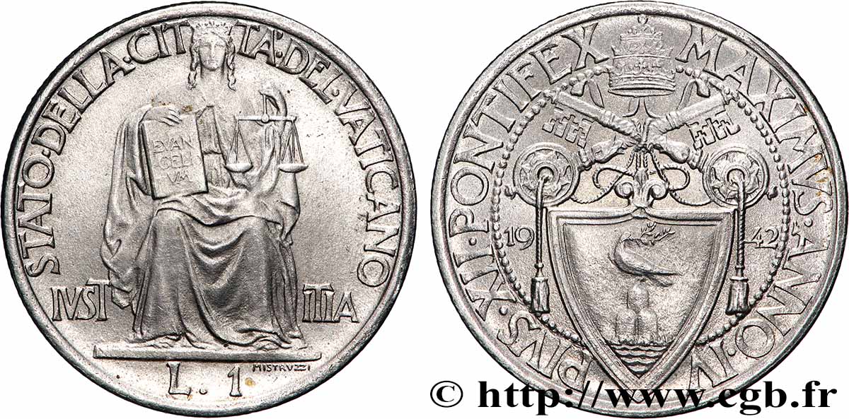 VATICANO Y ESTADOS PONTIFICIOS 1 Lira frappe au nom de Pie XII an IV 1942 Rome EBC 