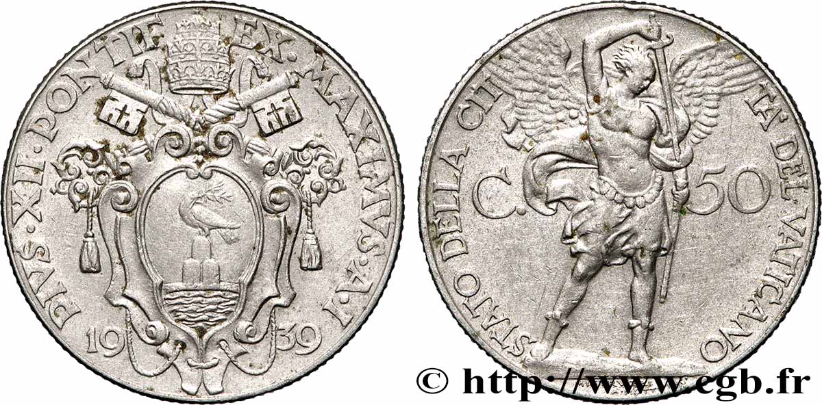 VATICAN AND PAPAL STATES 50 Centesimi Pie XII an I 1939 Rome AU 