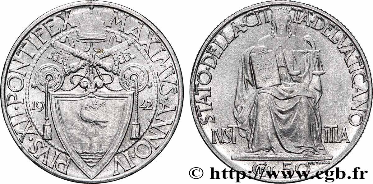 VATICAN ET ÉTATS PONTIFICAUX 50 Centesimi pontificat de Pie XII an IV 1942  SUP 