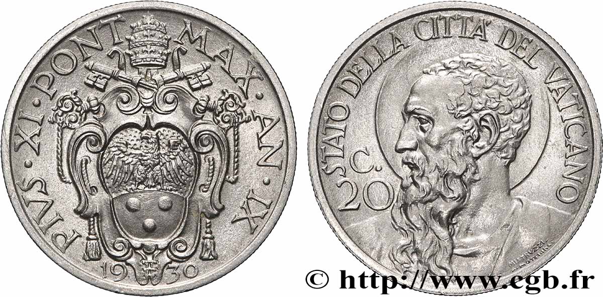 VATICAN ET ÉTATS PONTIFICAUX 20 Centesimi frappe au nom de Pie XI an IX / Saint Paul 1930 Rome SUP 