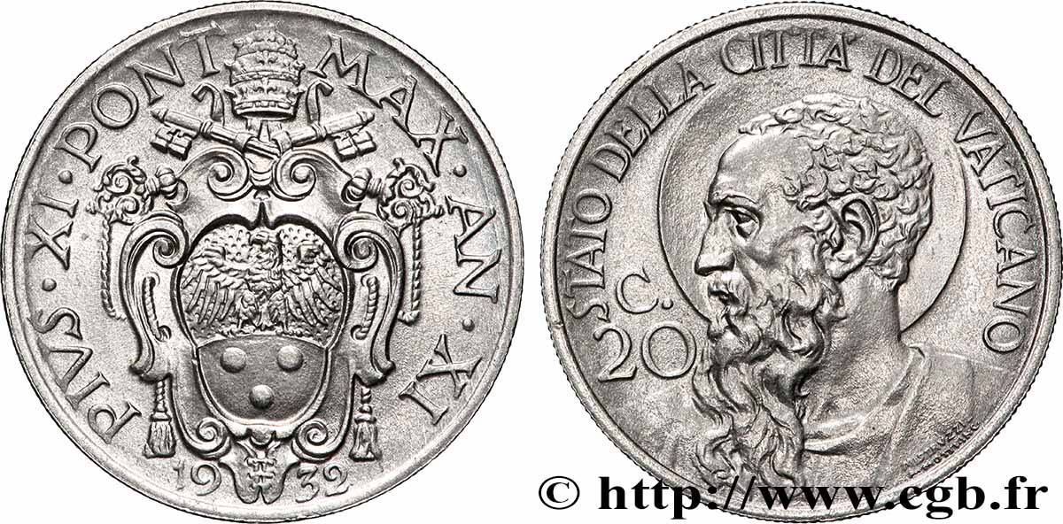 VATICAN ET ÉTATS PONTIFICAUX 20 Centesimi Pie XI an XI 1932 Rome SUP 