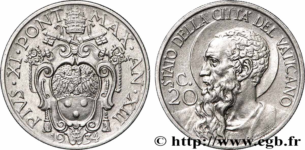 VATICAN AND PAPAL STATES 20 Centesimi Pie XI an jubilaire 1934 Rome AU 