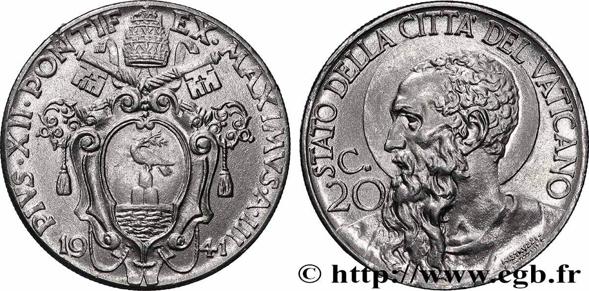 VATICAN ET ÉTATS PONTIFICAUX 20 Centesimi Pie XII an III 1941 Rome SUP 