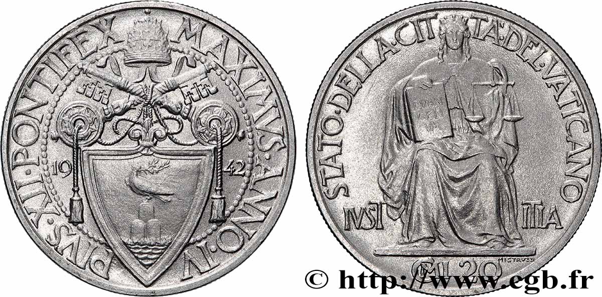 VATICAN ET ÉTATS PONTIFICAUX 20 Centesimi frappe au nom de Pie XII an IV 1942 Rome SUP 
