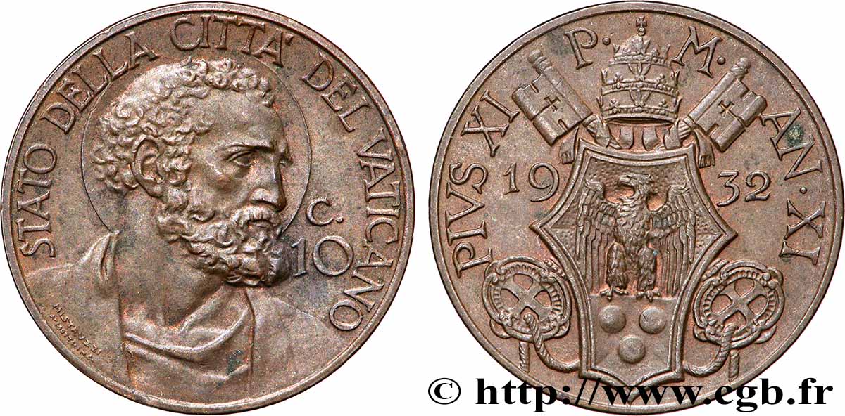 VATICANO Y ESTADOS PONTIFICIOS 10 Centesimi frappe au nom de Pie XI an XI 1932 Rome EBC 
