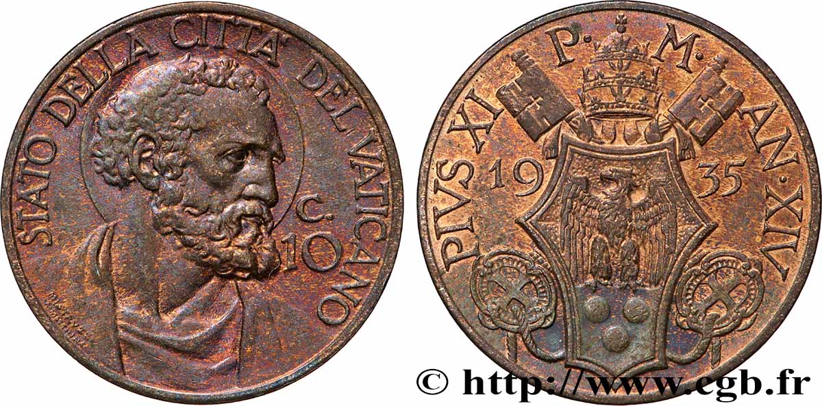 VATICANO Y ESTADOS PONTIFICIOS 10 Centesimi frappe au nom de Pie XI an XIV 1935 Rome EBC 