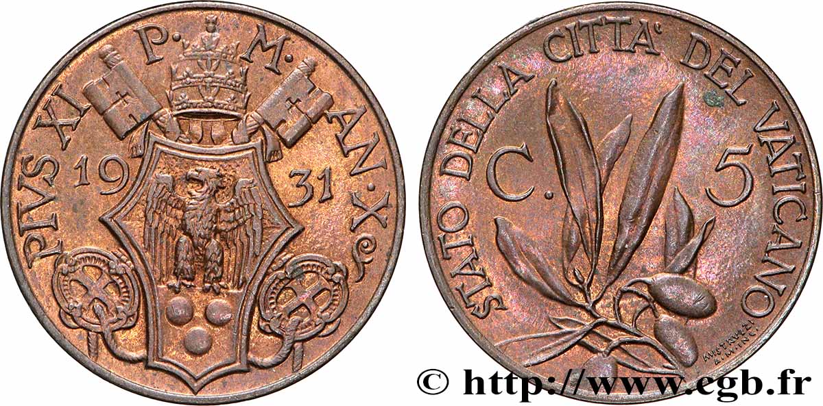 VATICAN ET ÉTATS PONTIFICAUX 5 Centesimi Pie XI an X 1931 Rome SUP 