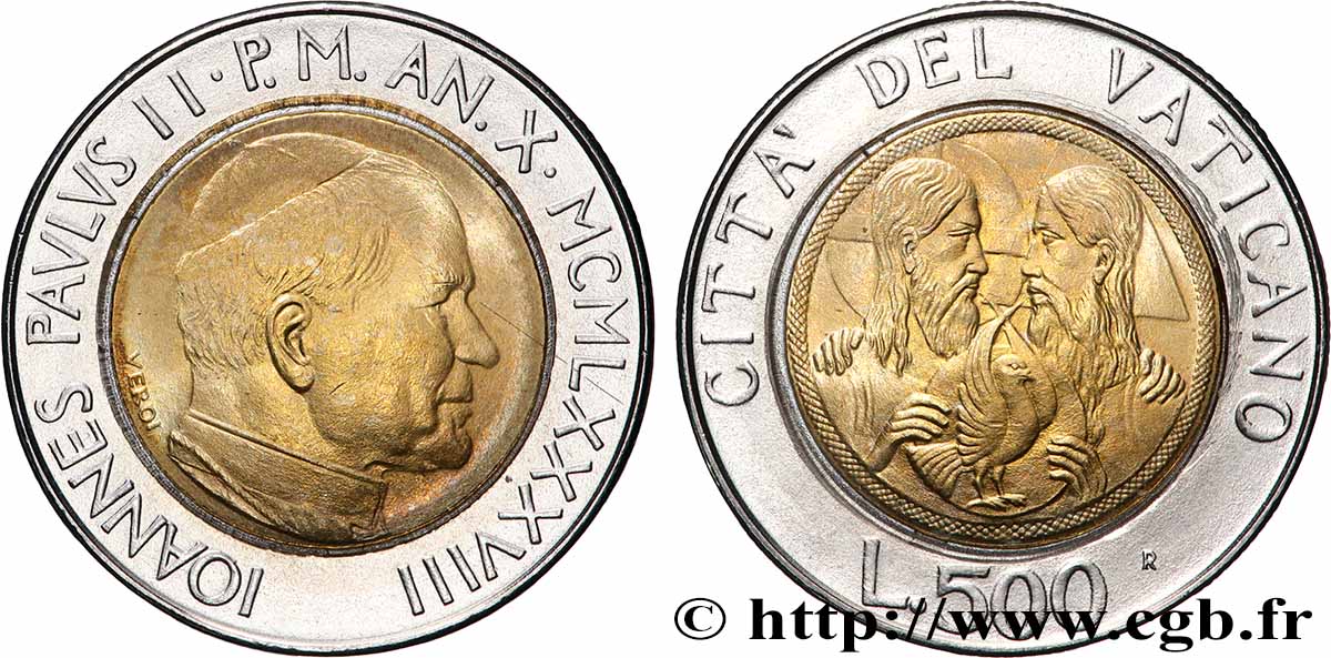 VATICAN ET ÉTATS PONTIFICAUX 500 Lire Jean Paul II an X / Christ et colombe 1988 Rome SPL 