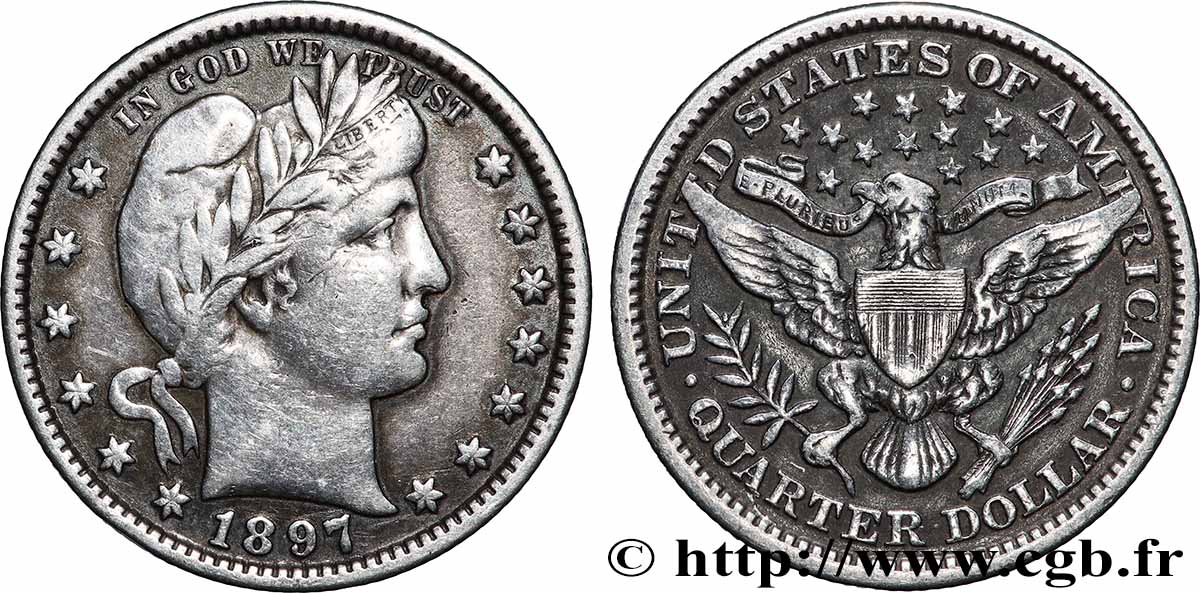 ÉTATS-UNIS D&nbsp;AMÉRIQUE 1/4 Dollar Barber 1897 Philadelphie TB+ 