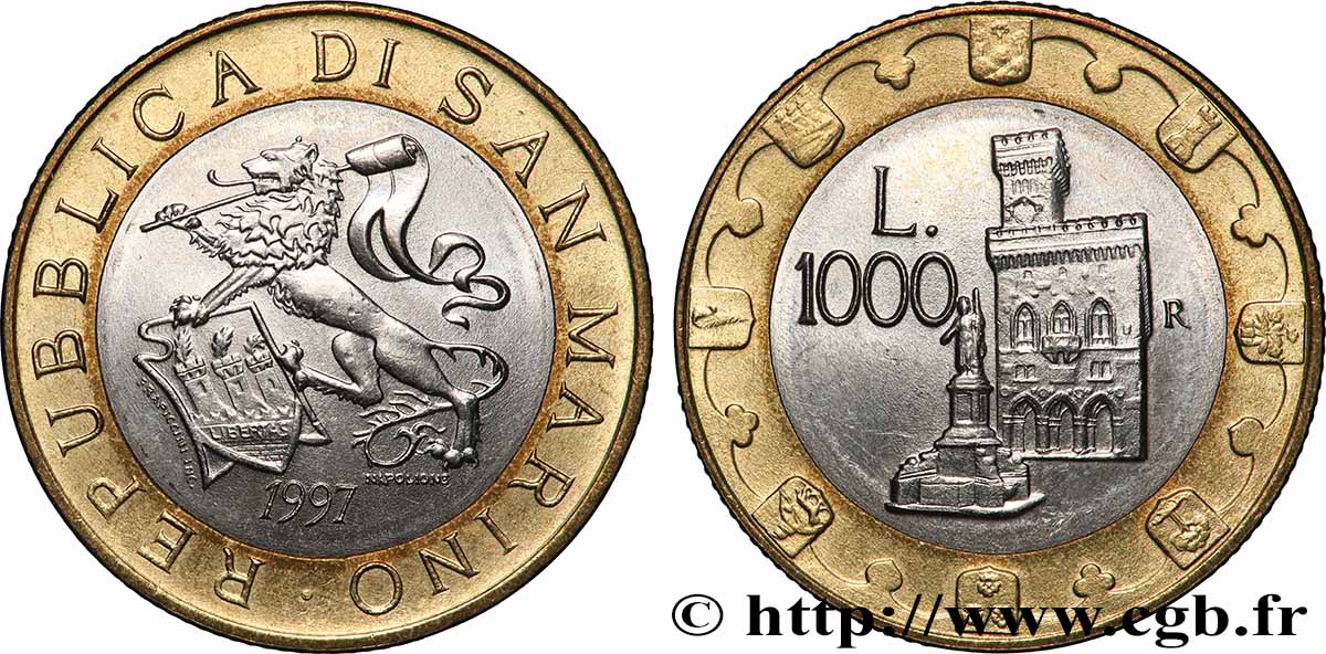 SAN MARINO 1000 Lire lion héraldique / le Palazzo Publico 1997 Rome SPL 