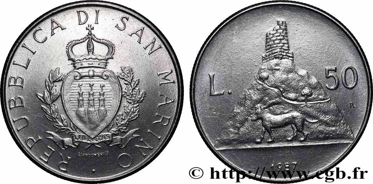 SAN MARINO 50 Lire vue des 3 chateaux /  15e anniversaire du retour des frappes monétaires 1987 Rome - R VZ 