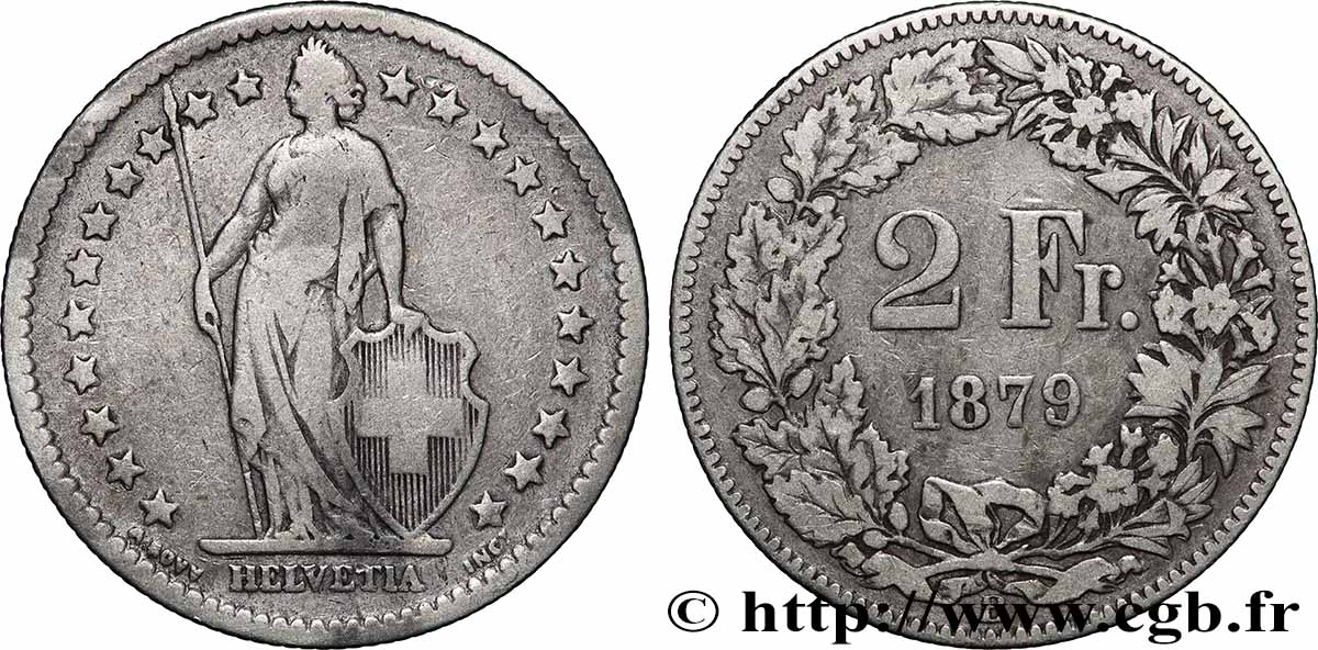 SUIZA 2 Francs Helvetia 1879 Berne BC 