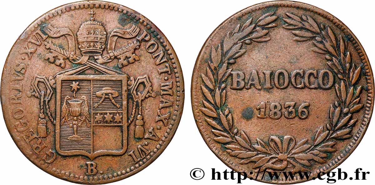 VATICANO Y ESTADOS PONTIFICIOS 1 Baiocco au nom de Grégoire XVI an VI 1836 Rome MBC 
