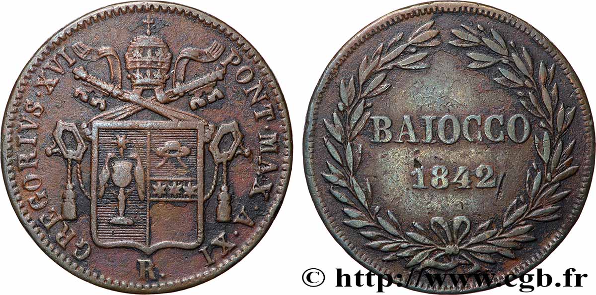 VATICANO Y ESTADOS PONTIFICIOS 1 Baiocco Grégoire XVI an XII 1842 Rome MBC 