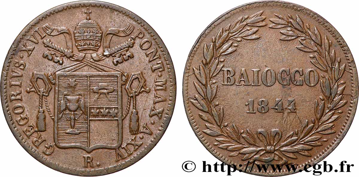 ITALY - PAPAL STATES - GREGORY XVI (Bartolomeo Alberto Cappellari) 1 Baiocco an XIV 1844 Rome XF 
