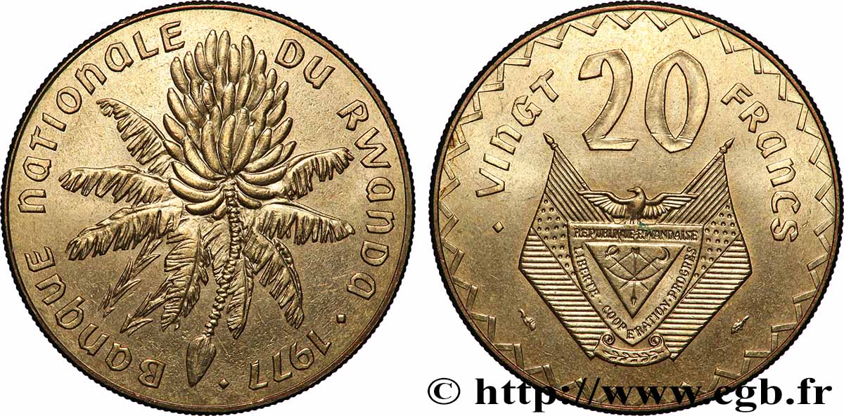 RWANDA 20 Francs emblème / bananier 1977 Paris SUP 