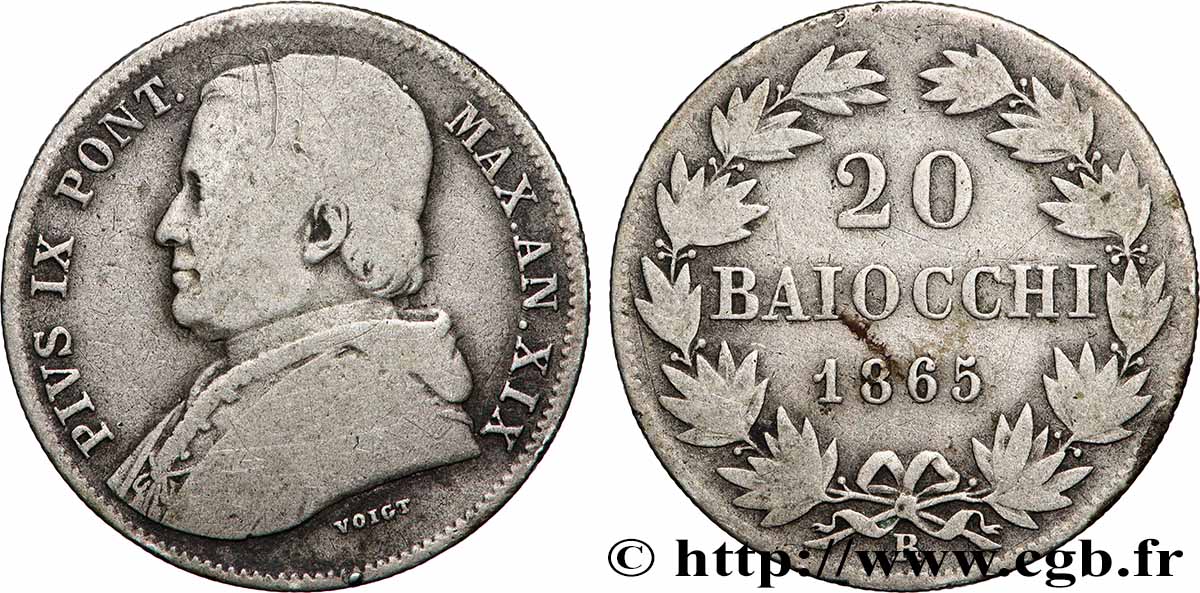 VATICAN ET ÉTATS PONTIFICAUX 20 Baiocchi Pie IX an XX 1865 Rome TB 