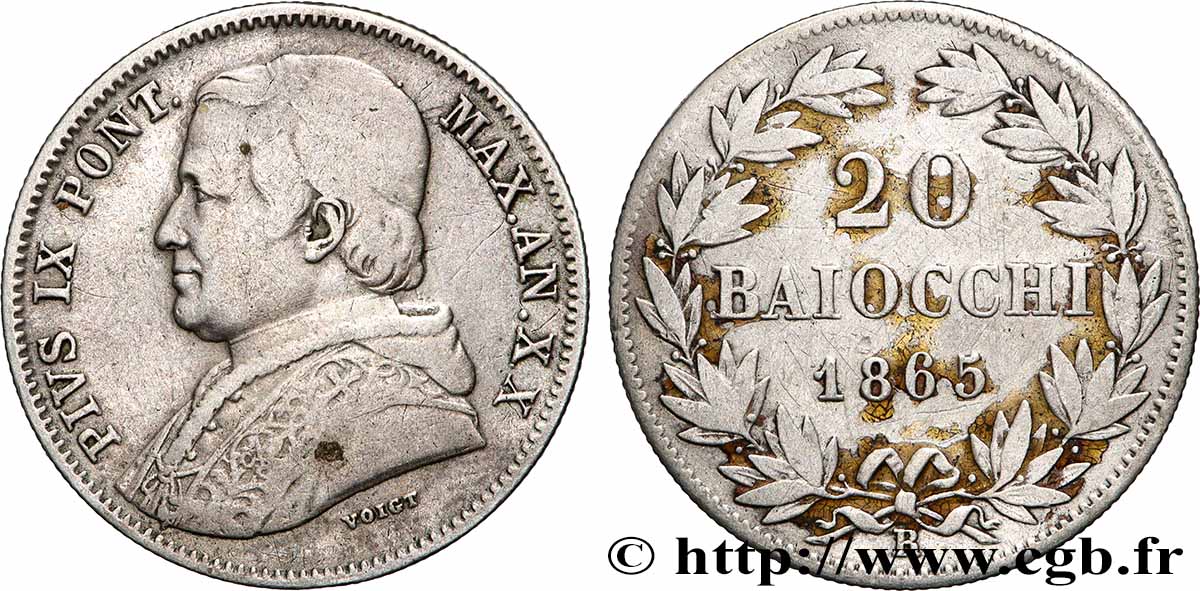 ITALIE - ÉTATS DU PAPE - PIE IX (Jean-Marie Mastai Ferretti) 20 Baiocchi an XX 1865 Rome TB+ 