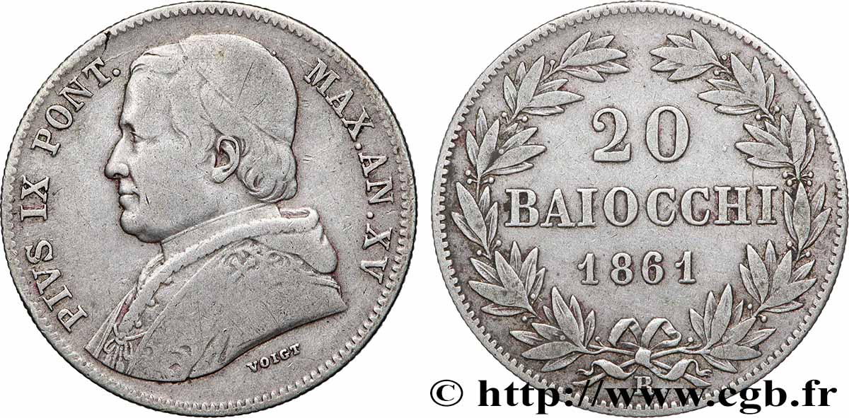VATICAN ET ÉTATS PONTIFICAUX 20 Baiocchi Pie IX an XVI 1861 Rome TB+ 