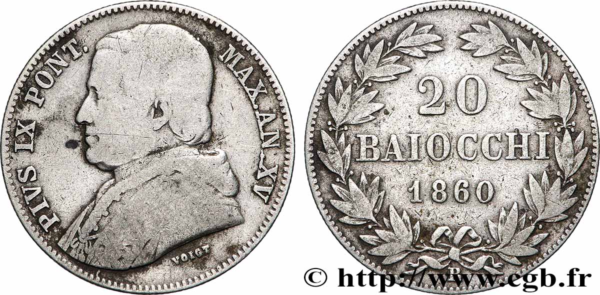 VATICAN ET ÉTATS PONTIFICAUX 20 Baiocchi an XV 1860 Rome TB 