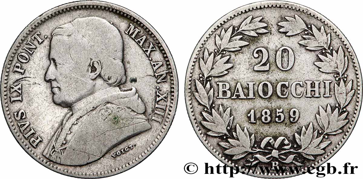 VATICAN ET ÉTATS PONTIFICAUX 20 Baiocchi Pie IX an XIII 1859 Rome TB 