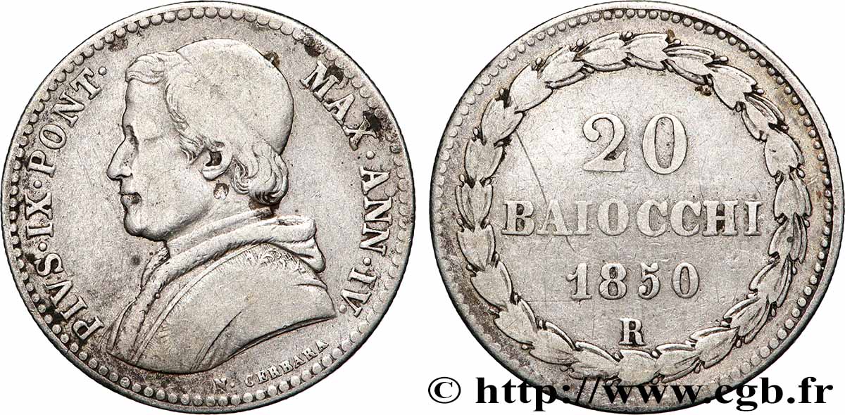 VATICAN AND PAPAL STATES 20 Baiocchi Pie IX an IV 1850 Rome VF 