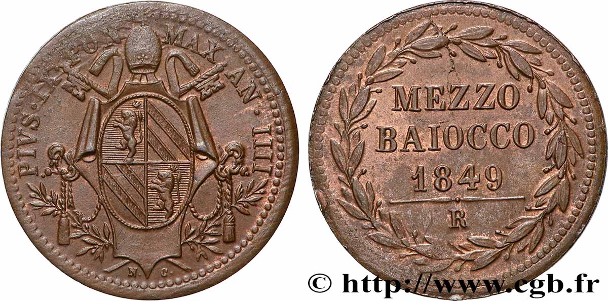 ITALIE - RÉPUBLIQUE ROMAINE 1/2 Baiocco 1849 Rome SUP 