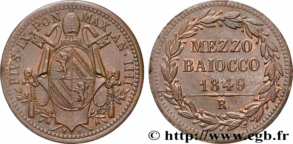 ITALIE - RÉPUBLIQUE ROMAINE 1/2 Baiocco 1849 Rome SUP 