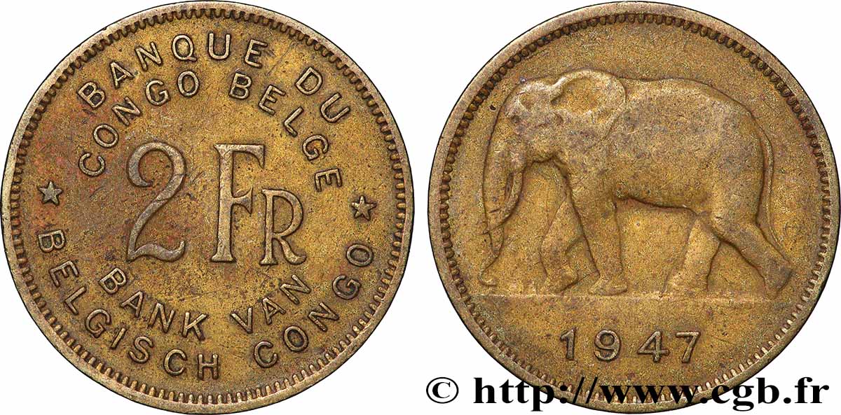 BELGIAN CONGO 2 Francs éléphant 1947 Bruxelles XF 