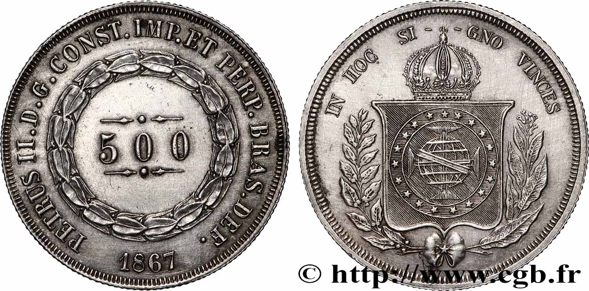 BRÉSIL 500 Reis Pierre II 1867  TTB+ 