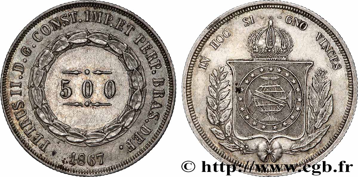 BRAZIL 500 Reis Pierre II 1867  AU 