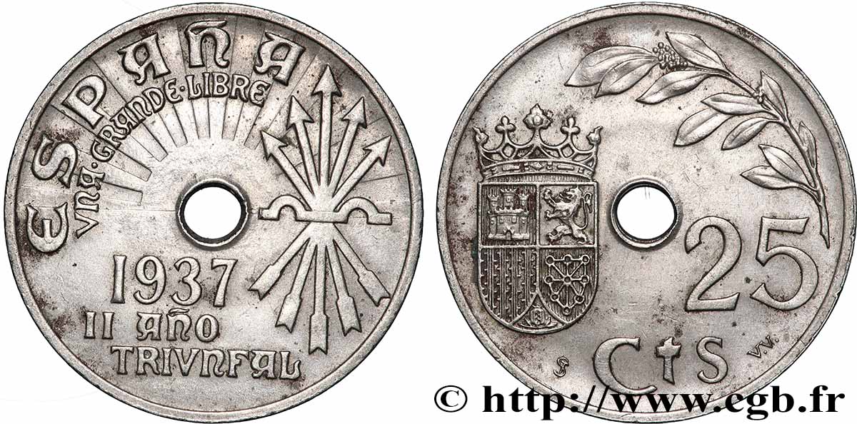 ESPAGNE 25 Centimos monnayage nationaliste 1937 Vienne SUP 
