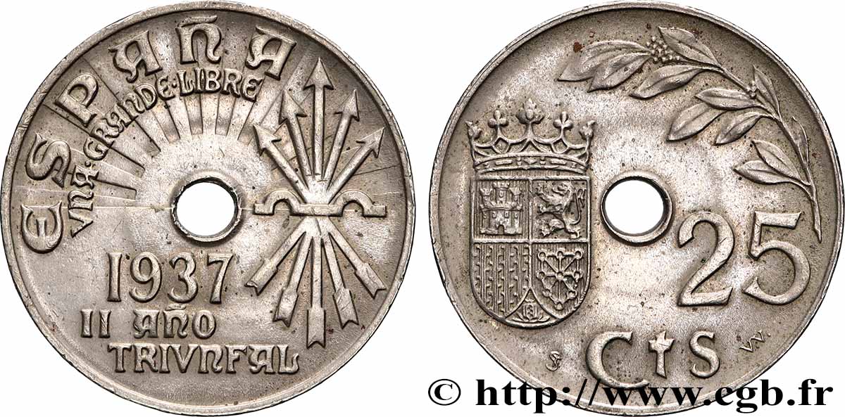 ESPAGNE 25 Centimos monnayage nationaliste 1937 Vienne SUP 