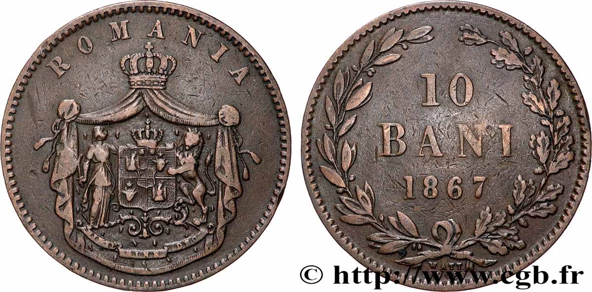ROUMANIE 10 Bani armes 1867 Watt & Co TB+ 
