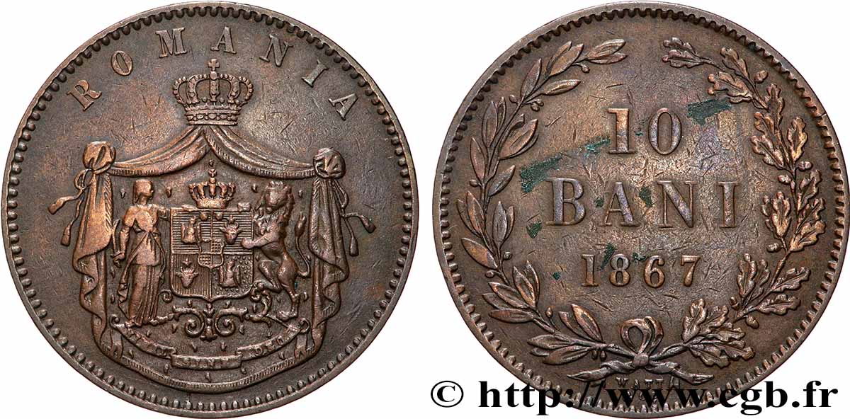 ROUMANIE 10 Bani armes 1867 Watt & Co TTB 
