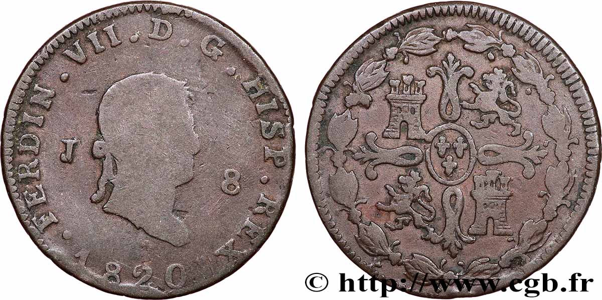 ESPAGNE 8 Maravedis Ferdinand VII 1820 Jubia TB 