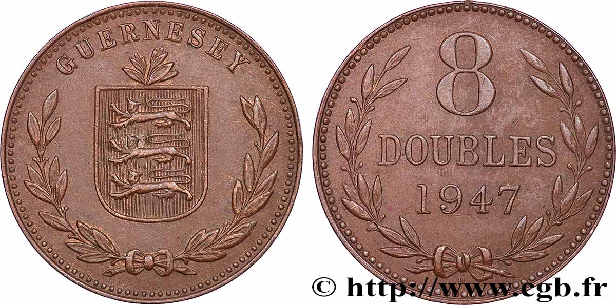 GUERNSEY 8 Doubles armes du baillage de Guernesey 1947 Heaton fVZ 