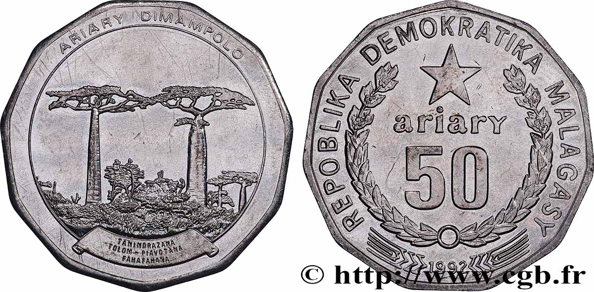 MADAGASKAR 50 Ariary République de Madagascar baobabs 1992  VZ 