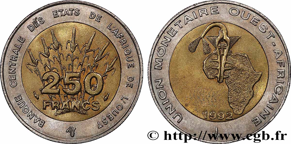 ÉTATS DE L&nbsp;AFRIQUE DE L&nbsp;OUEST (BCEAO) 250 Francs BCEAO 1992 Paris SUP 