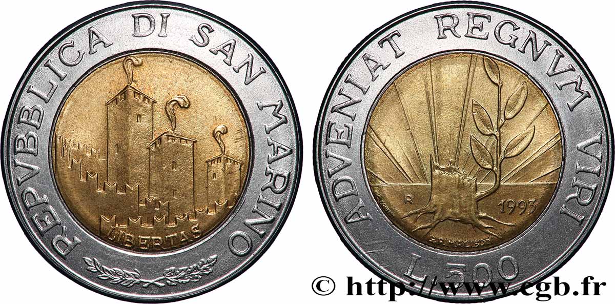 SAINT-MARIN 500 Lire : les trois tours de San Marino 1993 Rome - R SUP 