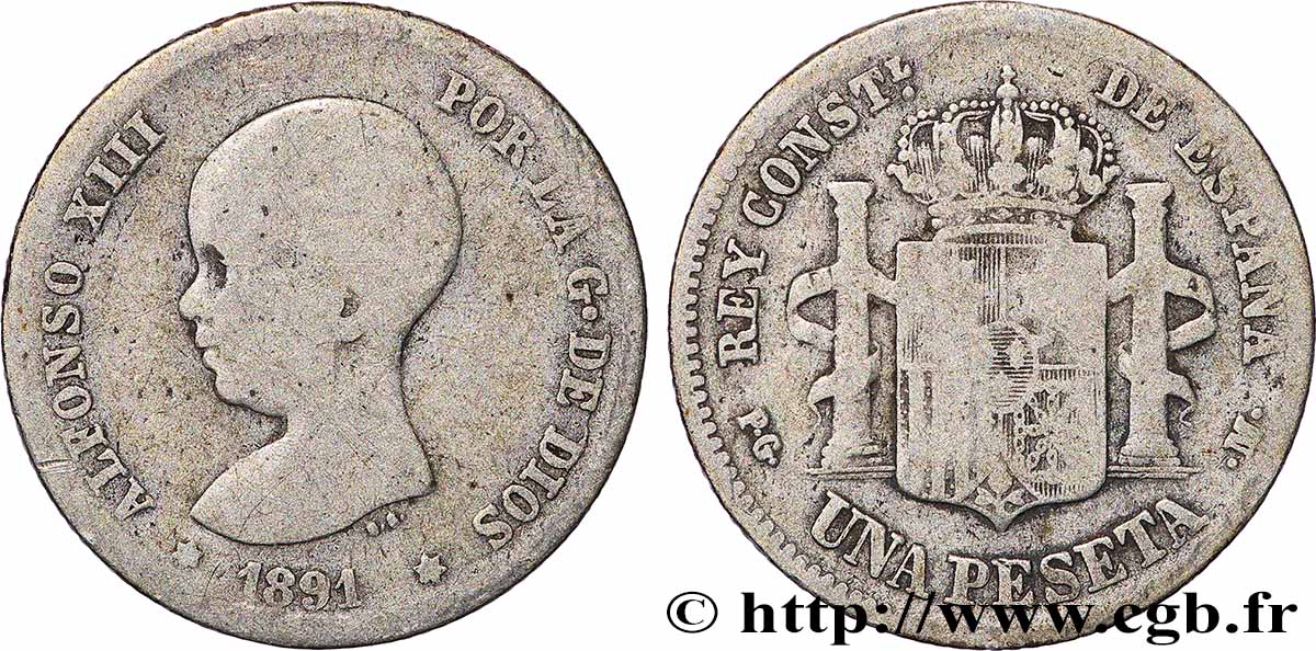 SPAIN 1 Peseta Alphonse XIII  1891 Madrid VF 
